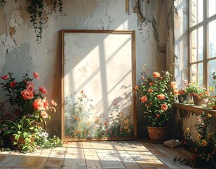 Floral sanctuary: A sunlit indoor scene featuring artwork and blooming flowers