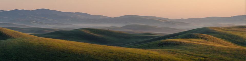 Fototapeta premium Serene rolling hills bathed in soft morning light, idyllic landscape scenery for travel inspiration, nature photography, and peaceful countryside getaways