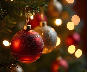 Sparkling Close-Up of a Christmas Ornament on a Decorated Tree with Bokeh Lights