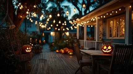 Illuminated pumpkins decorate a house and garden with string lights at night.