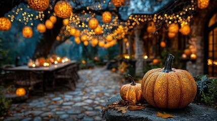 Pumpkins and lights decorate an outdoor setting for an autumnal celebration.
