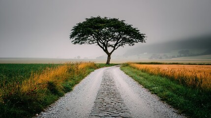 A tree stands at the end of a dirt road amid fields under a sky.