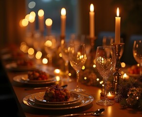 Festive Table Set with Candles, Wine Glasses, and Golden Holiday Decorations