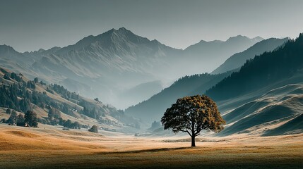Lone tree in a field with mountains in the background under a hazy sky.