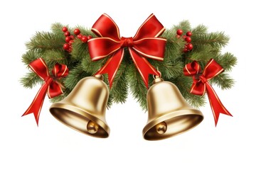 Gold christmas bells with red ribbon white background illuminated celebration.