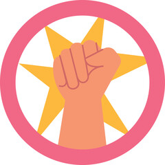 Pink circle with yellow star and raised fist graphic illustration with a transparent background