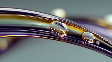 Water droplets on a curved metallic surface reflecting light with purple and gold hues.