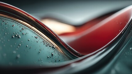 Abstract close-up of flowing liquid with red and teal colors and small bubbles.