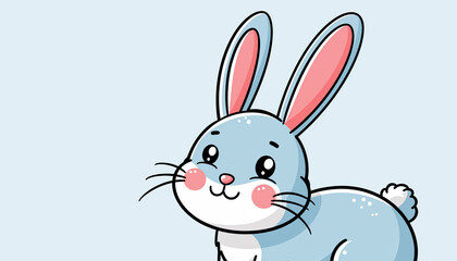 Obraz premium Cute cartoon bunny with blue fur, pink inner ears, and a fluffy tail, smiling sweetly against a light blue background.