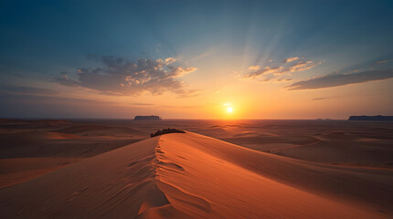 Dramatic golden sunset casting long shadows over a vast desert landscape with towering sand dunes and distant mesas