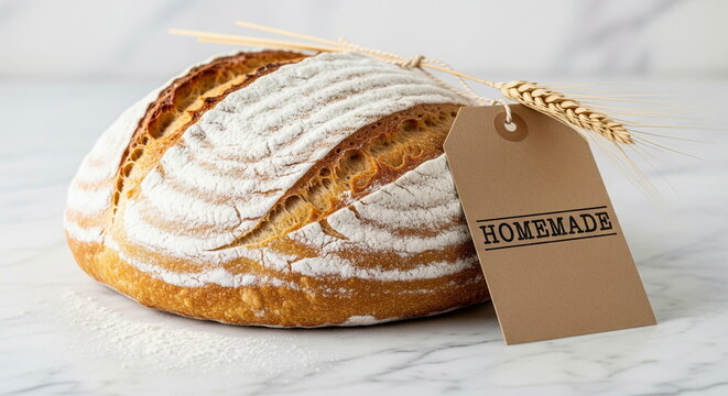 Rustic homemade artisan bread loaf with a "HOMEMADE" tag and wheat, symbolizing fresh baking and quality ingredients on marble.