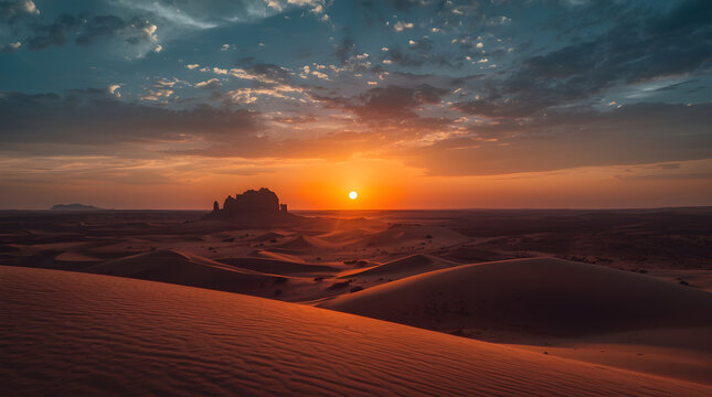Fiery sunset over sand dunes with rock formation silhouette in desert landscape