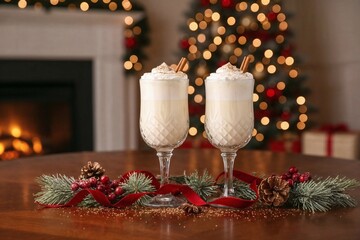 Festive eggnog glasses with whipped cream and cinnamon sticks, set on a holiday table with pine and berries, in front of a fireplace and Christmas tree.