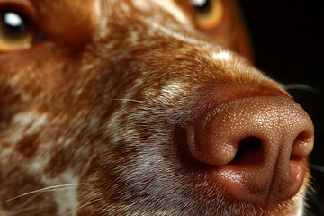 Close-up of a dog wet nose with blurred eyes.