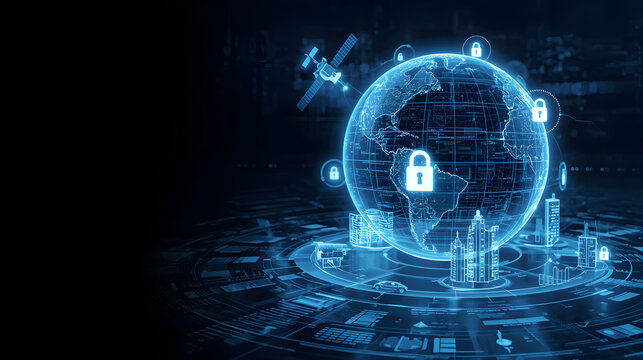 Holographic Earth Globe with Padlocks and Skyscrapers in Futuristic Blue Technology Display