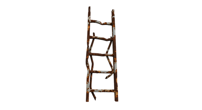 Metal ladder, heavily rusted with white paint peeling off, cutout, PNG isolated on transparent background