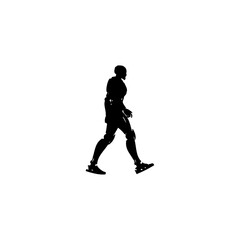 A silhouette of a futuristic humanoid robot walking in a stark white space in a simple illustration