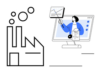 Industry analysis. Minimalist factory icon paired with data visualization on a computer screen for industry analysis. Industry analysis highlights digital trends and reporting. Suitable