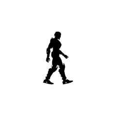 A silhouette of a futuristic robotic figure walking against a stark white background in a simple image style