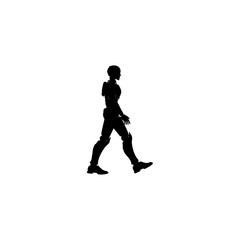A silhouette of a humanoid robot walking against a stark white background in a side profile view image