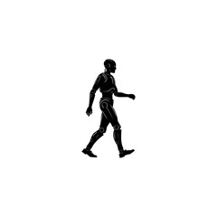 A black silhouette of a humanoid robot walking against a stark white background in a graphic style