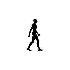 A silhouette of a futuristic armored figure walking on a white background in a side profile view image