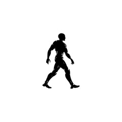A silhouette of a muscular figure walking with a helmet in a white background studio shot style image