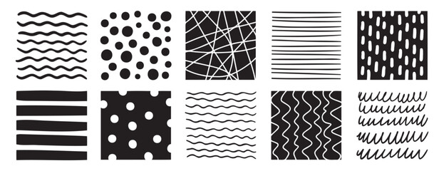 Fototapeta premium Hand drawn pen abstract pattern lines and shapes square set. Doodle pencil or marker line art elements