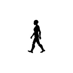 A silhouette of a person walking with a futuristic or robotic appearance against a white background space