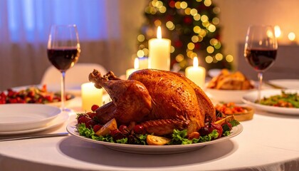 Festive Christmas dinner table with roasted turkey, wine, candles and bokeh lights. Ideal for celebration, holiday, feast, food, family gathering, tradition, cozy, winter.