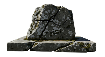 Cracked gray stone monument, with moss and lichen growth, cutout, PNG isolated on transparent background