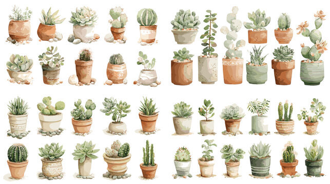 Large watercolor collection of succulents and cactus plants in pots with soft green tones. Botanical decorative set perfect for gardening design home decor and nature themed projects.