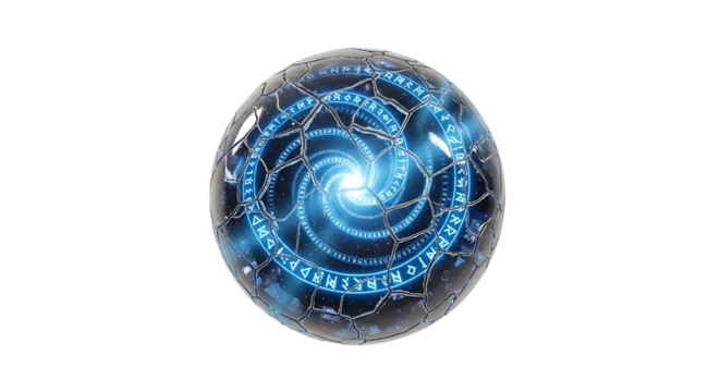 Orb, cracked with glowing blue runes and swirling energy vortex, cutout, PNG isolated on transparent background