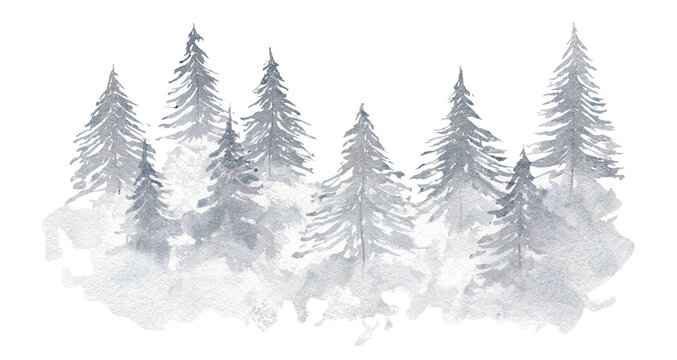 Light gray misty gradient watercolor illustration of textured coniferous fir forest. Winter evergreen watercolour pine trees print for winter Christmas design, poster, decor element, sticker