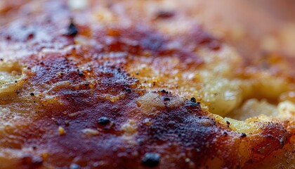 Extreme Close up Macro Shot of Crispy Fried Chicken Skin Seasoned with Black Pepper and Paprika in Warm Natural Lighting