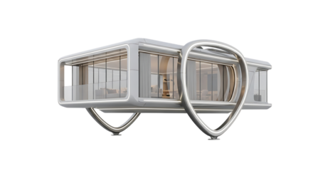 Modular white building, futuristic with curved metal supports and large glass windows, cutout, PNG isolated on transparent background