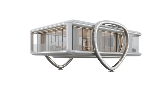 Modular white building, futuristic with curved metal supports and large glass windows, cutout, PNG isolated on transparent background