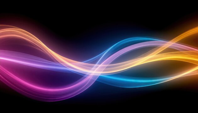 Abstract glowing waves of colorful light particles in blue purple and orange on black background with soft glow and bokeh effect