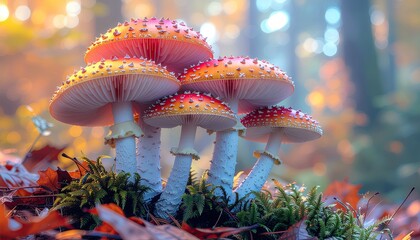 Cluster of Red Amanita Muscaria Mushrooms with White Spots on Mossy Forest Floor in Autumn Sunlight