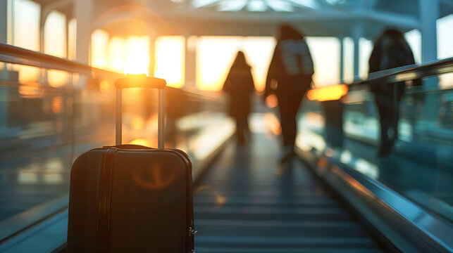 Travel Suitcase on Airport Escalator with Golden Hour Light - Powered by Adobe