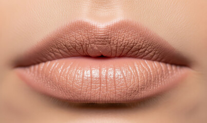 Fototapeta premium Beautiful beige lipstick on perfect lips. Macro photo of a shiny silver lipstick with a beautiful texture and small glitter sparkles. The concept of bright makeup and art