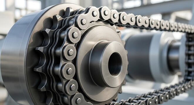 Close-up of Industrial Roller Chain and Sprocket