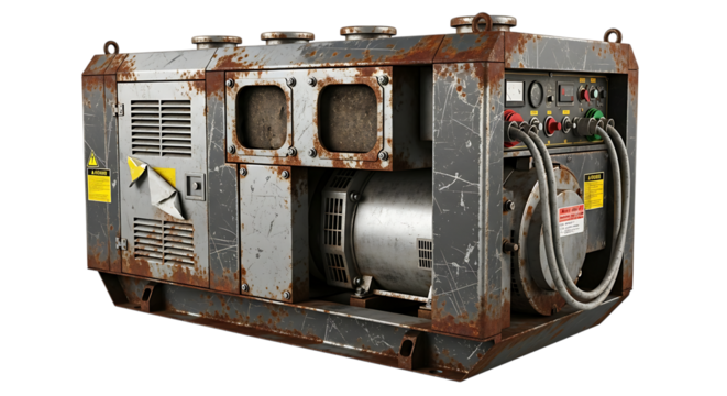 Industrial diesel generator, heavily rusted with electrical panel and cables, cutout, PNG isolated on transparent background