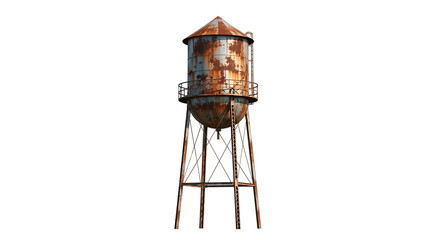 Industrial water tower, heavily rusted with ladder and platform, cutout, PNG isolated on transparent background
