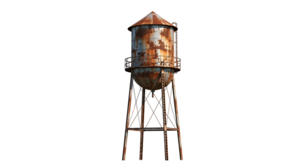 Industrial water tower, heavily rusted with ladder and platform, cutout, PNG isolated on transparent background