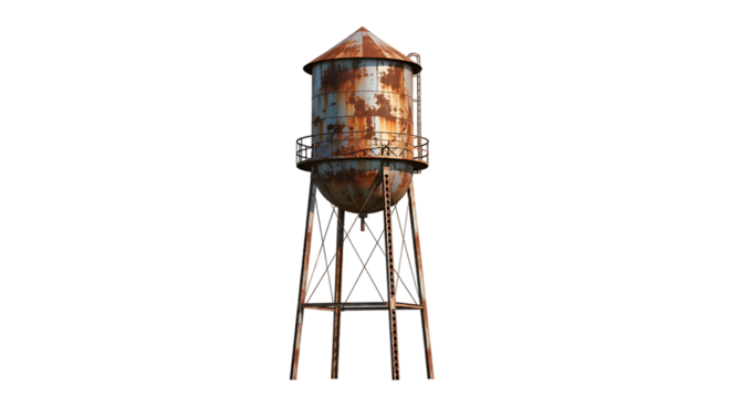 Industrial water tower, heavily rusted with ladder and platform, cutout, PNG isolated on transparent background