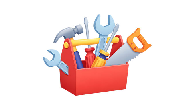 Red toolbox, filled with assorted tools including a hammer, wrenches, screwdrivers, and a saw, cutout, PNG isolated on transparent background