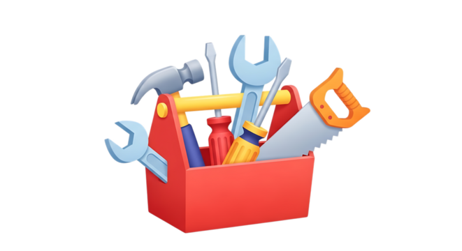 Red toolbox, filled with assorted tools including a hammer, wrenches, screwdrivers, and a saw, cutout, PNG isolated on transparent background