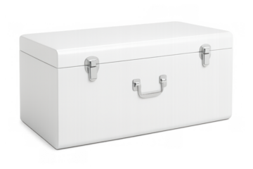 White storage box with latches and handle on transparent background, carrying case for tools or luggage