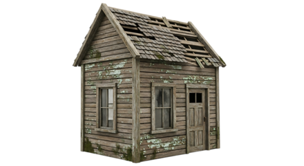Wooden cabin, dilapidated with peeling paint and damaged roof, cutout, PNG isolated on transparent background